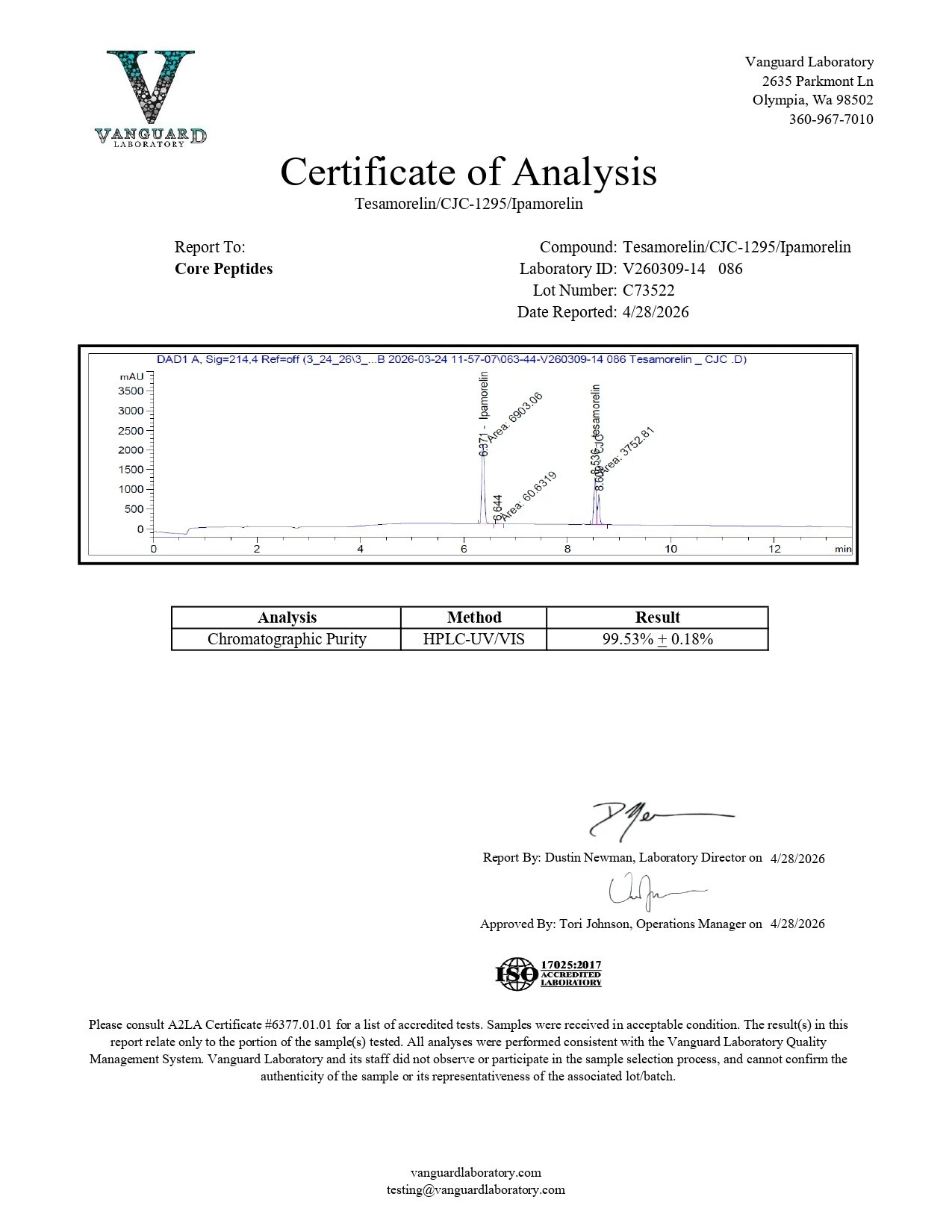 Certificate preview, Vanguard Laboratory